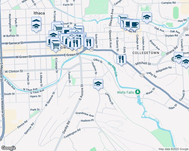 map of restaurants, bars, coffee shops, grocery stores, and more near 329 Pleasant Street in Ithaca
