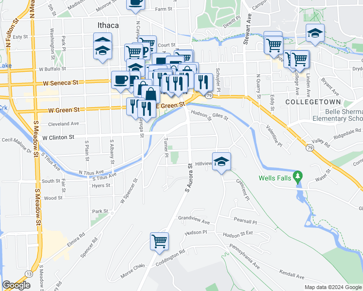 map of restaurants, bars, coffee shops, grocery stores, and more near 213 Pleasant Street in Ithaca