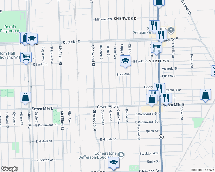 map of restaurants, bars, coffee shops, grocery stores, and more near 19340 Concord Street in Detroit