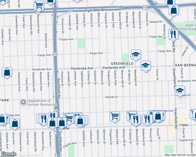 map of restaurants, bars, coffee shops, grocery stores, and more near 19761 Biltmore Street in Detroit