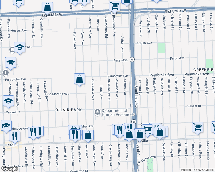 map of restaurants, bars, coffee shops, grocery stores, and more near 19782 Glastonbury Road in Detroit