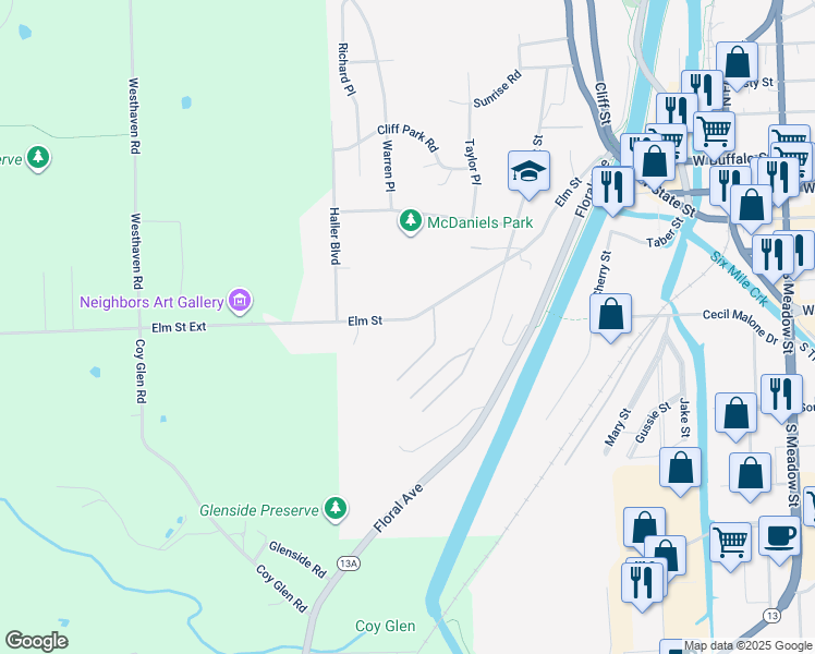 map of restaurants, bars, coffee shops, grocery stores, and more near 407 Elm Street in Ithaca