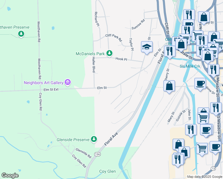 map of restaurants, bars, coffee shops, grocery stores, and more near 411 Elm Street in Ithaca