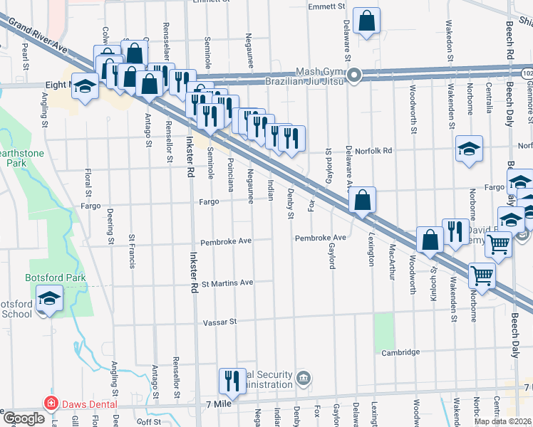 map of restaurants, bars, coffee shops, grocery stores, and more near 19982 Indian in Redford Charter Township