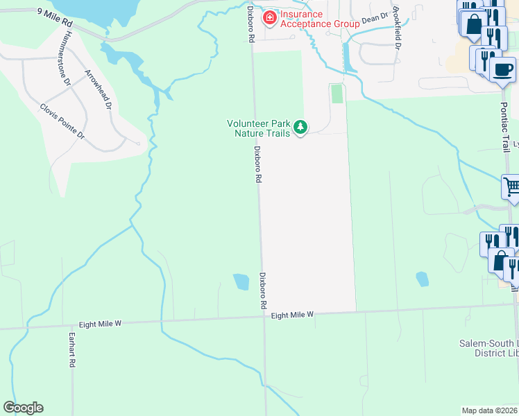 map of restaurants, bars, coffee shops, grocery stores, and more near 21321 Dixboro Road in South Lyon