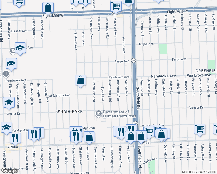 map of restaurants, bars, coffee shops, grocery stores, and more near 19782 Glastonbury Road in Detroit