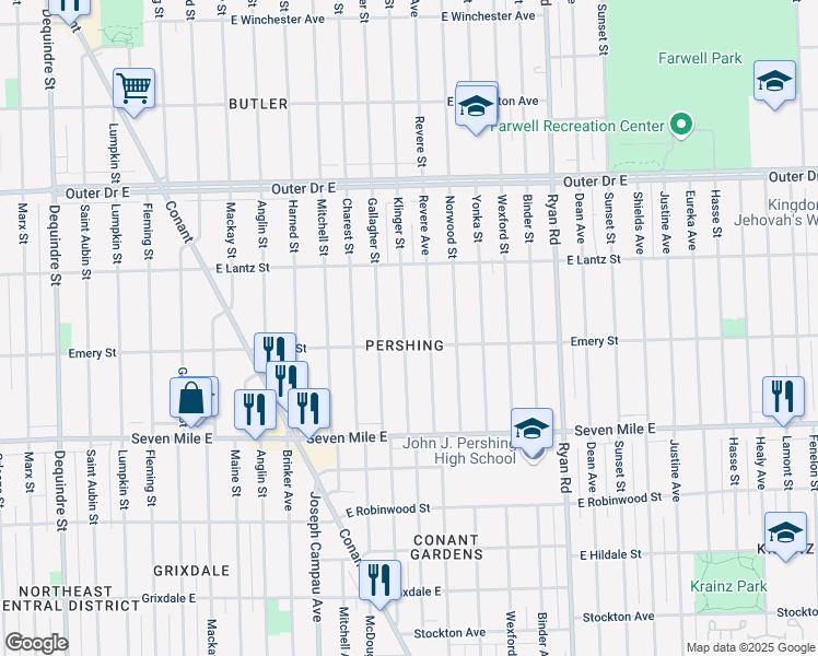 map of restaurants, bars, coffee shops, grocery stores, and more near 19332 Klinger Street in Detroit