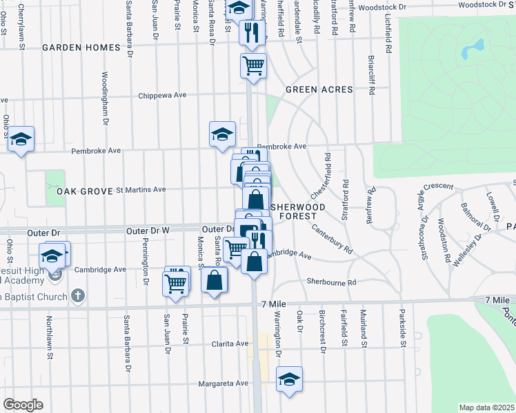 map of restaurants, bars, coffee shops, grocery stores, and more near 19489 Livernois in Detroit
