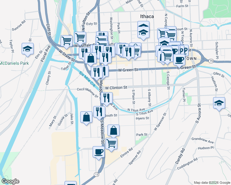 map of restaurants, bars, coffee shops, grocery stores, and more near 609 West Clinton Street in Ithaca