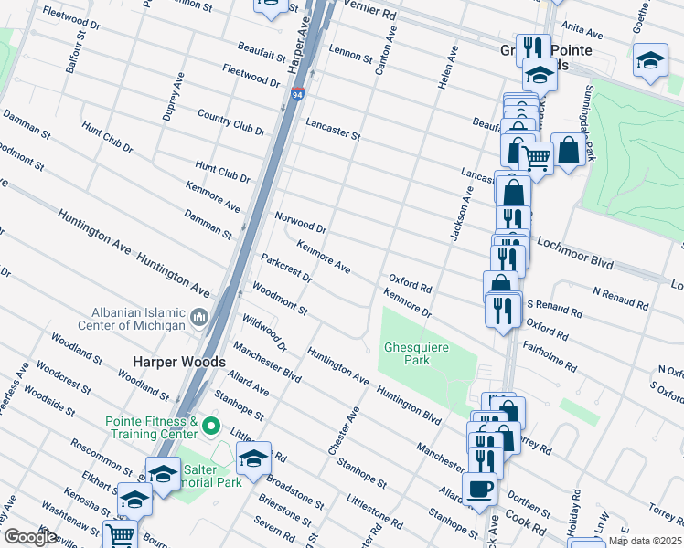 map of restaurants, bars, coffee shops, grocery stores, and more near 21120 Kenmore Avenue in Harper Woods