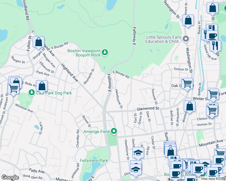 map of restaurants, bars, coffee shops, grocery stores, and more near 541 Fellsway East in Malden