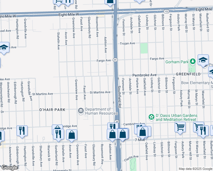 map of restaurants, bars, coffee shops, grocery stores, and more near 19749 Ashton Avenue in Detroit