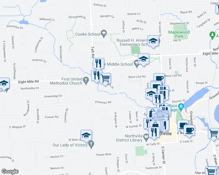 map of restaurants, bars, coffee shops, grocery stores, and more near 597 Randolph Street in Northville