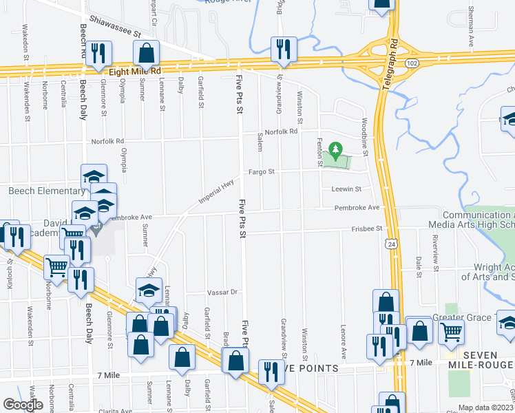 map of restaurants, bars, coffee shops, grocery stores, and more near 19905 Salem in Detroit