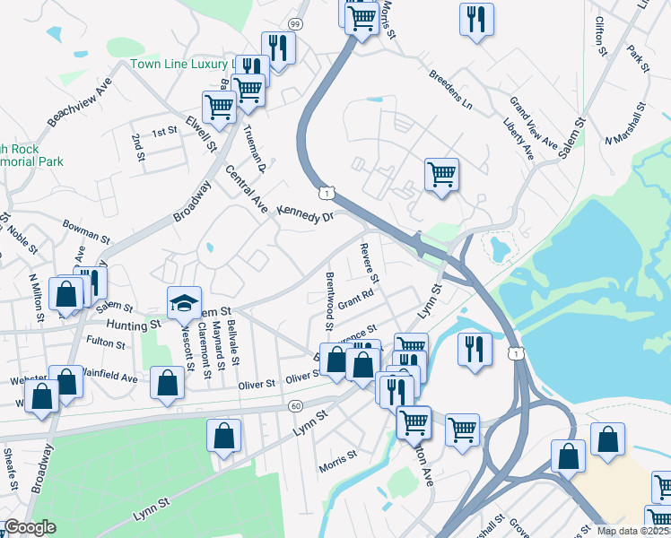 map of restaurants, bars, coffee shops, grocery stores, and more near 1299 Salem Street in Malden