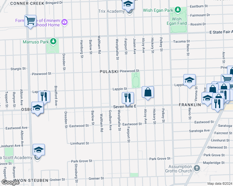 map of restaurants, bars, coffee shops, grocery stores, and more near 19191 Westphalia Street in Detroit