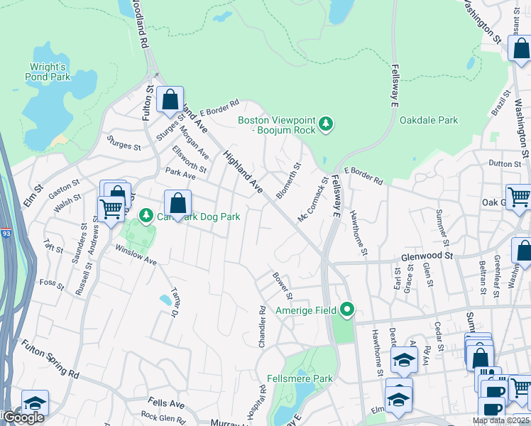 map of restaurants, bars, coffee shops, grocery stores, and more near 749 Highland Avenue in Malden