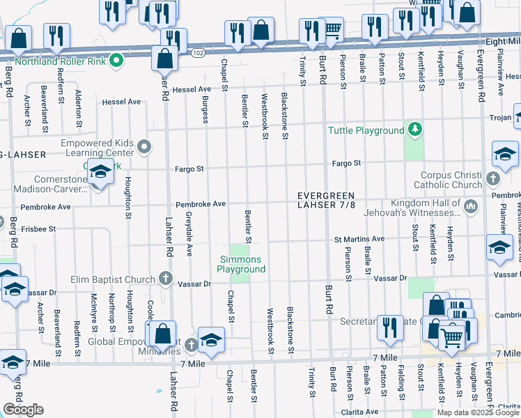 map of restaurants, bars, coffee shops, grocery stores, and more near 21321 Pembroke Avenue in Detroit