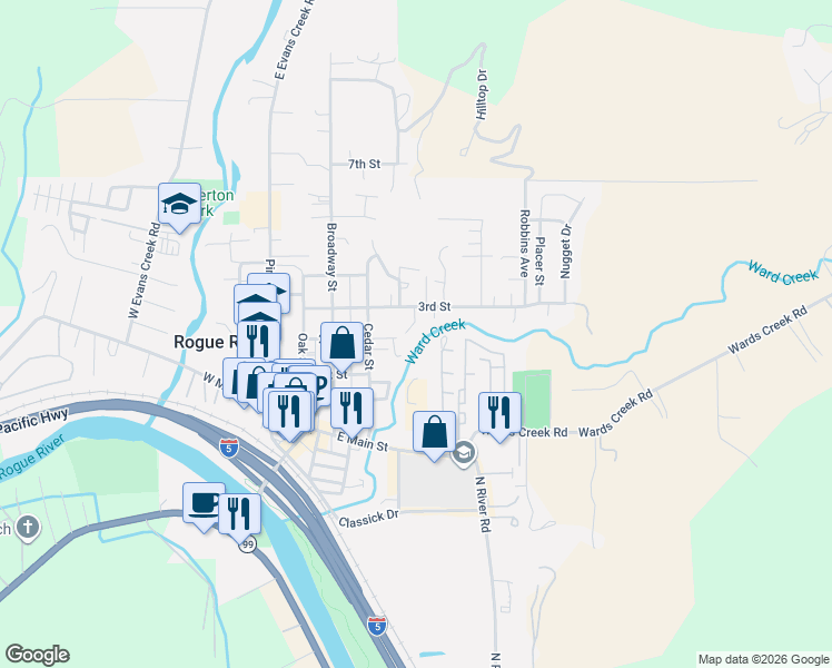 map of restaurants, bars, coffee shops, grocery stores, and more near 102 Brolin Court in Rogue River