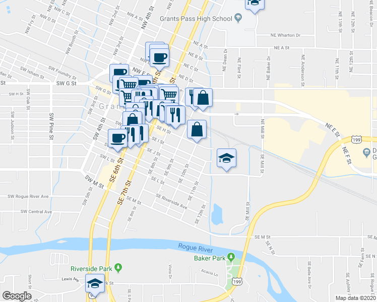 map of restaurants, bars, coffee shops, grocery stores, and more near 400 Southeast I Street in Grants Pass