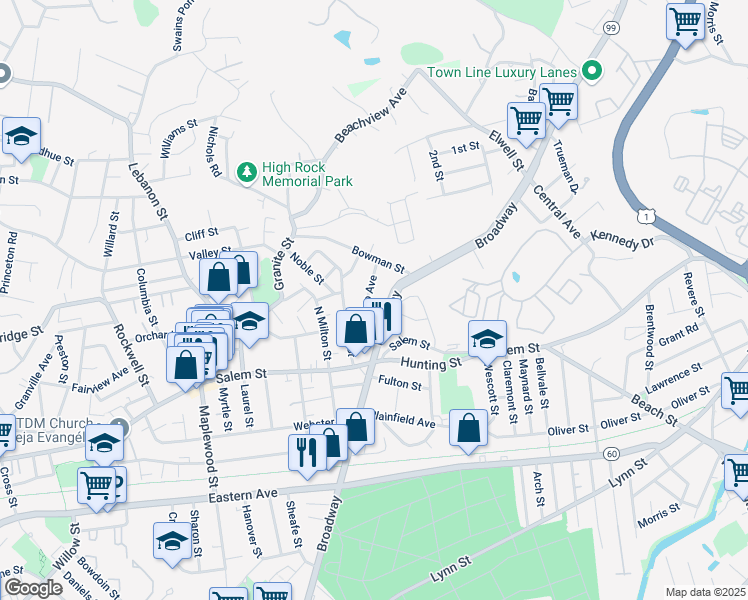 map of restaurants, bars, coffee shops, grocery stores, and more near 57 Durso Avenue in Malden