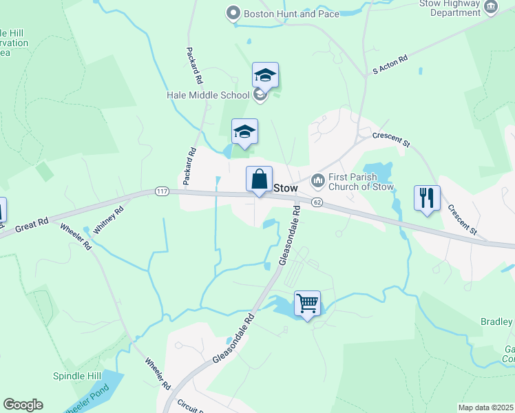 map of restaurants, bars, coffee shops, grocery stores, and more near 398 Great Road in Stow