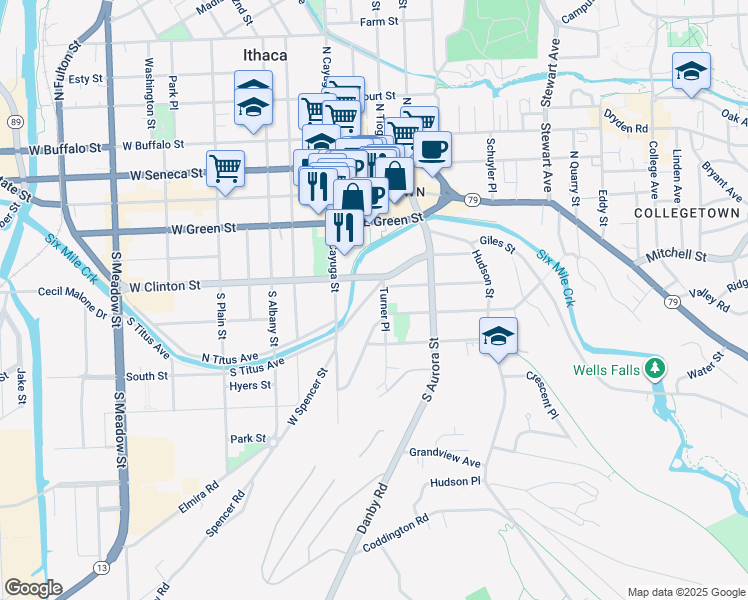 map of restaurants, bars, coffee shops, grocery stores, and more near 141 East Spencer Street in Ithaca