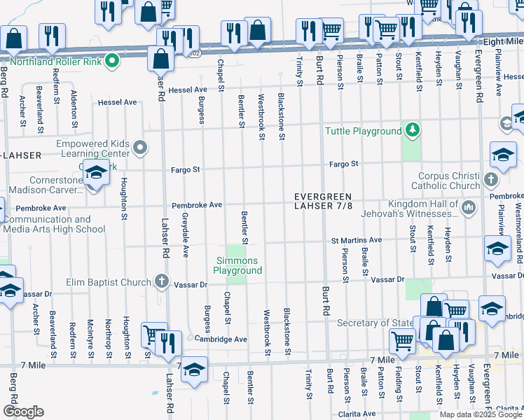 map of restaurants, bars, coffee shops, grocery stores, and more near 21321 Pembroke Avenue in Detroit