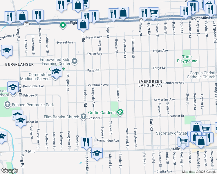 map of restaurants, bars, coffee shops, grocery stores, and more near 21501 Pembroke Avenue in Detroit