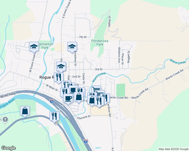 map of restaurants, bars, coffee shops, grocery stores, and more near 102 Brolin Court in Rogue River