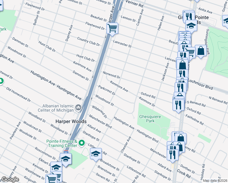 map of restaurants, bars, coffee shops, grocery stores, and more near 20915 Parkcrest Drive in Harper Woods