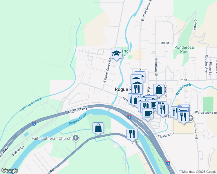map of restaurants, bars, coffee shops, grocery stores, and more near 100 Hickory Drive in Rogue River