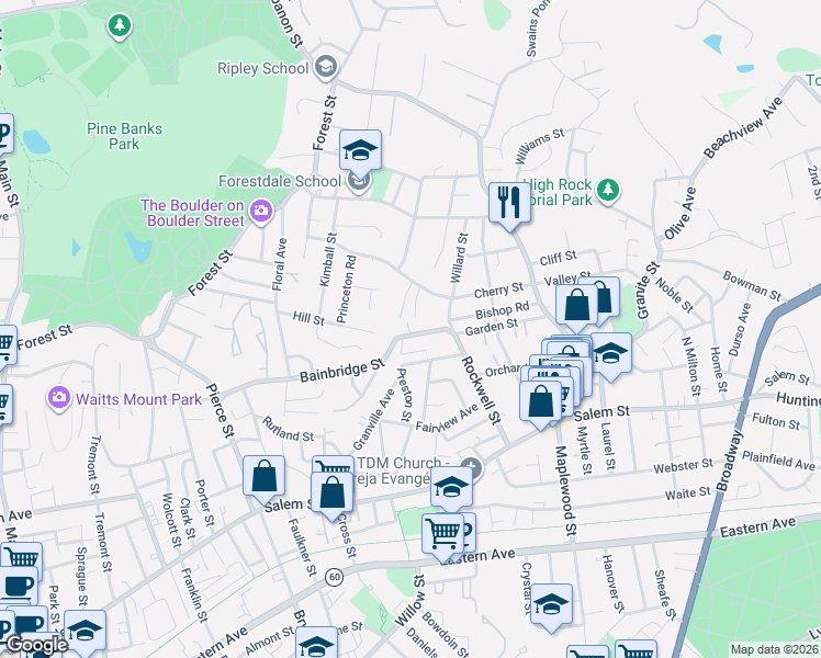 map of restaurants, bars, coffee shops, grocery stores, and more near 35 Avalon Road in Malden
