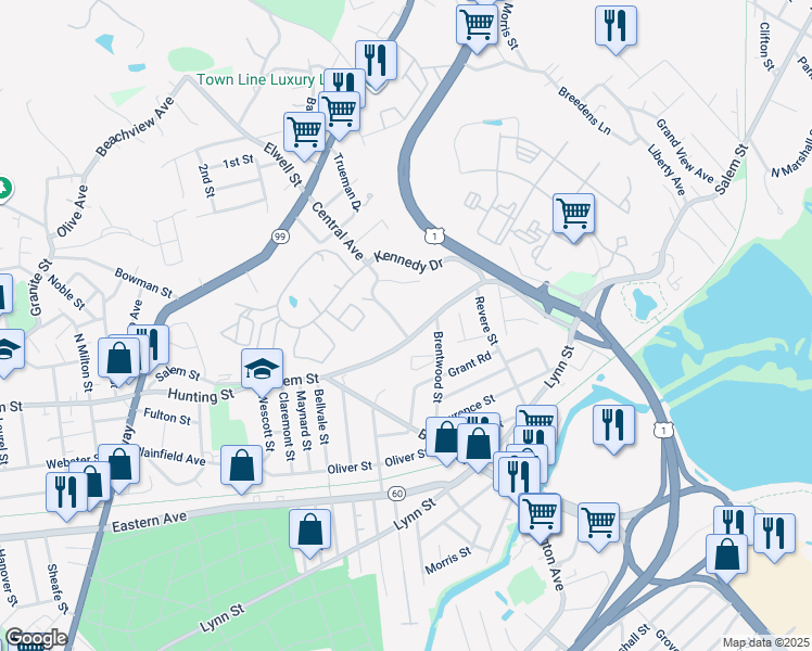 map of restaurants, bars, coffee shops, grocery stores, and more near 188-190 Central Avenue in Malden