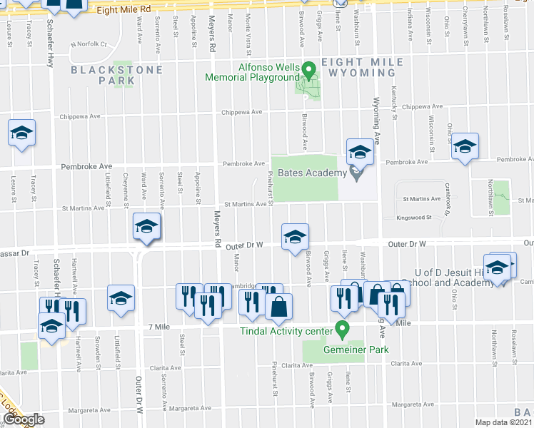 map of restaurants, bars, coffee shops, grocery stores, and more near 19483 Pinehurst Street in Detroit