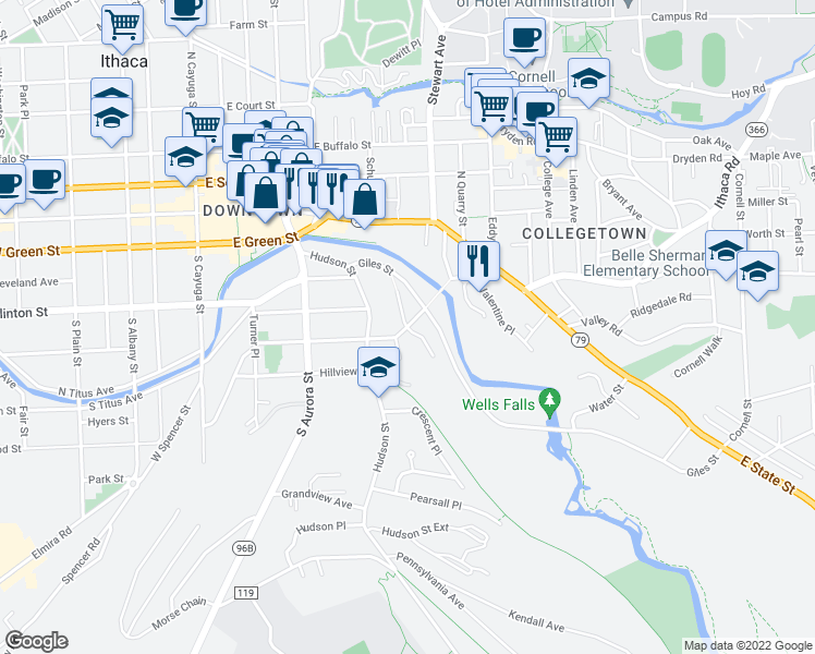 map of restaurants, bars, coffee shops, grocery stores, and more near 1 Charles Street in Ithaca