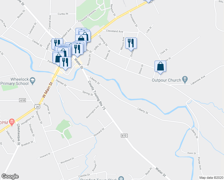 map of restaurants, bars, coffee shops, grocery stores, and more near 76 Liberty Street in Fredonia
