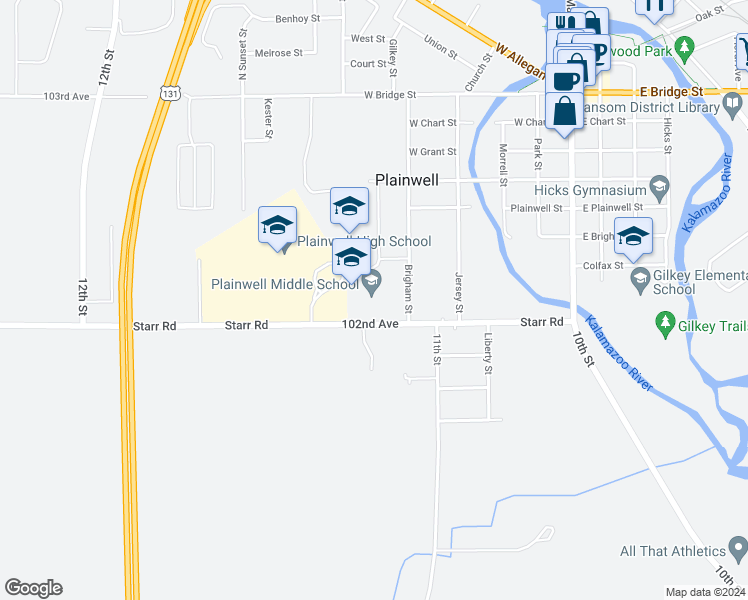 map of restaurants, bars, coffee shops, grocery stores, and more near 720 Brigham Street in Plainwell