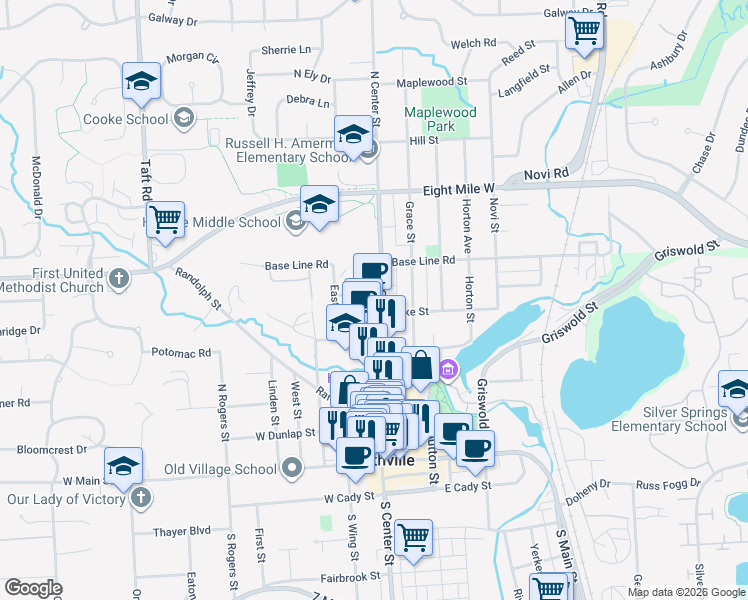 map of restaurants, bars, coffee shops, grocery stores, and more near 114 Walnut Street in Northville