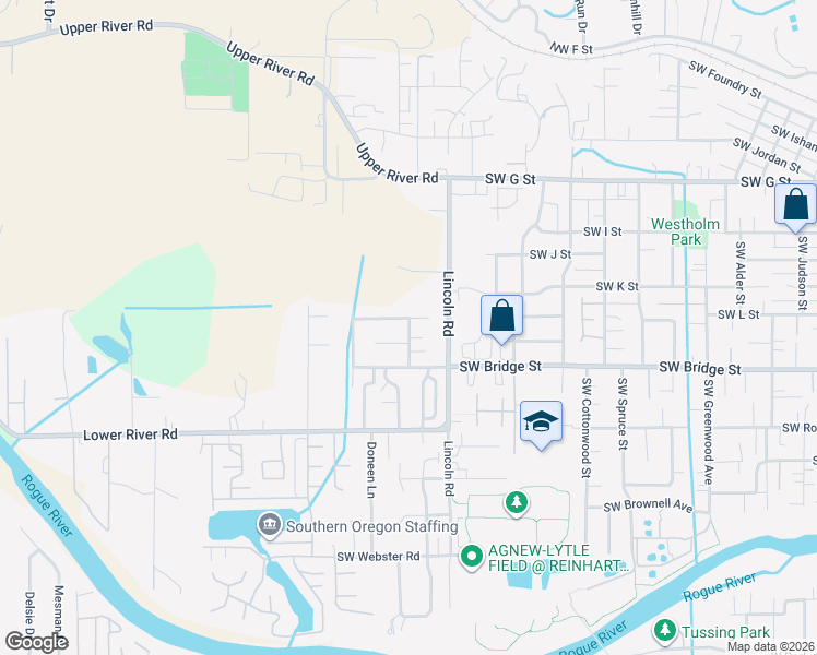 map of restaurants, bars, coffee shops, grocery stores, and more near 2161 Southwest Judy Lane in Grants Pass