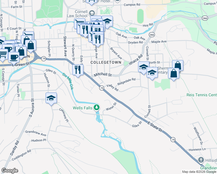 map of restaurants, bars, coffee shops, grocery stores, and more near 101 Valley Road in Ithaca