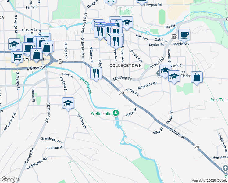 map of restaurants, bars, coffee shops, grocery stores, and more near 105 Valentine Place in Ithaca