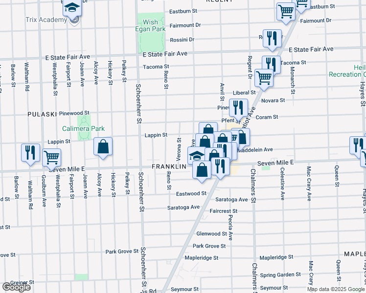 map of restaurants, bars, coffee shops, grocery stores, and more near 19208 Verona Street in Detroit