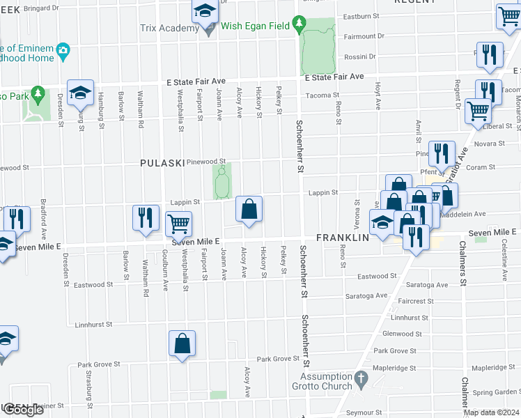 map of restaurants, bars, coffee shops, grocery stores, and more near 19187 Hickory Ave in Detroit