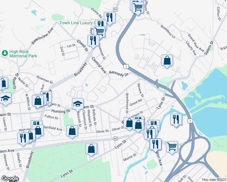 map of restaurants, bars, coffee shops, grocery stores, and more near 173 Central Avenue in Malden