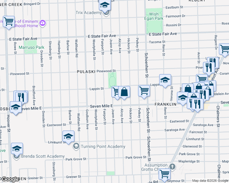 map of restaurants, bars, coffee shops, grocery stores, and more near 19215 Joann Avenue in Detroit