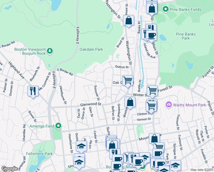 map of restaurants, bars, coffee shops, grocery stores, and more near 138 Beltran Street in Malden