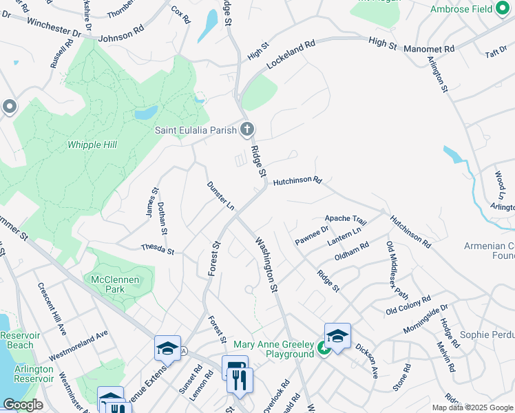 map of restaurants, bars, coffee shops, grocery stores, and more near 6 Ridge Street in Winchester