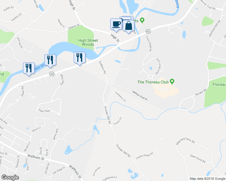map of restaurants, bars, coffee shops, grocery stores, and more near 1 Nathan Pratt Drive in Concord