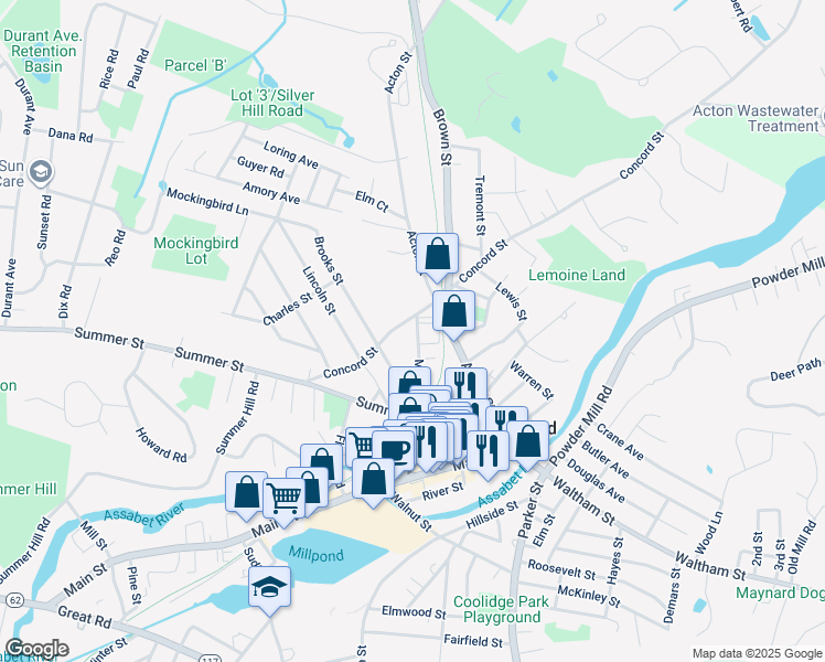 map of restaurants, bars, coffee shops, grocery stores, and more near 22 Maple Street in Maynard